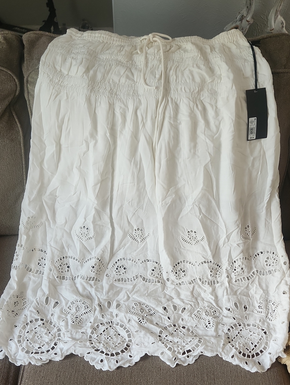 Women's White Eyelet Maxi Skirt with Drawstring Waist